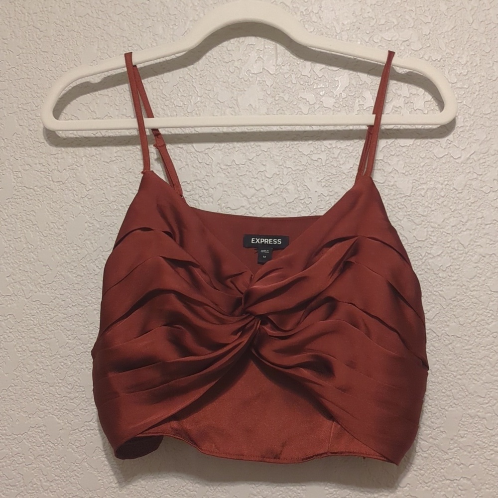 Express rust satin ruffled twist detail cropped sleeveless camisole blouse - Picture 8 of 8